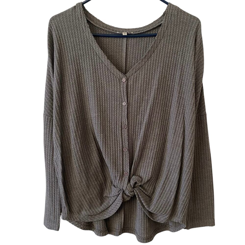 JODIFL Waffle Knit Tie Front Long Sleeve Top Gray Size Medium Button Down V Neck